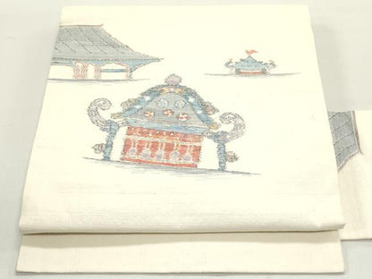 平和屋着物●九寸名古屋帯 紬地 手織 本真綿 風景文 正絹 逸品 DAAY0425ob