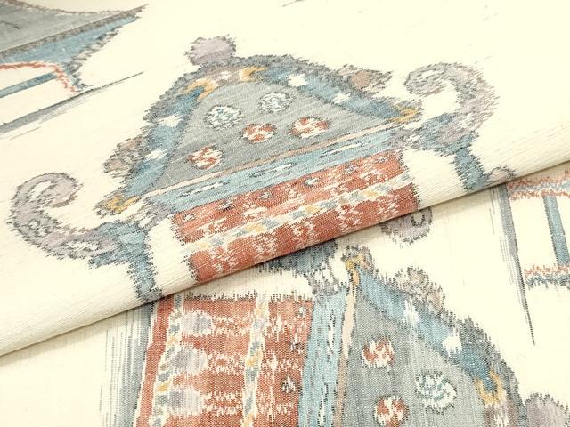 平和屋着物●九寸名古屋帯 紬地 手織 本真綿 風景文 正絹 逸品 DAAY0425ob