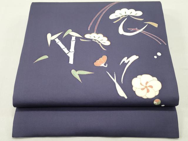 平和屋着物●塩瀬　九寸開き名古屋帯　駒刺繍　松竹梅　濃鼠色　金彩　正絹　逸品　DAAY0474ob