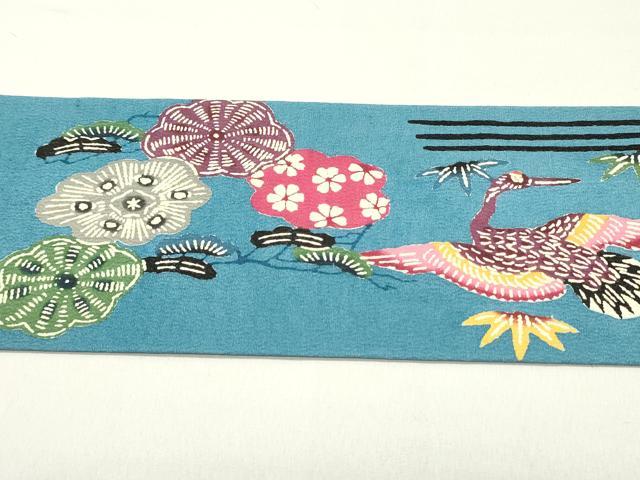 平和屋着物●九寸名古屋帯　紅型　飛鶴草花文　正絹　逸品　DAAY0479ob