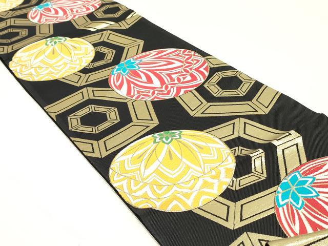 平和屋着物●六通柄袋帯　唐織　鞠文　黒地　金糸　正絹　逸品　DAAY0486ob
