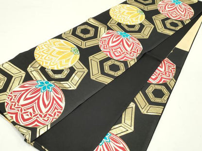 平和屋着物●六通柄袋帯　唐織　鞠文　黒地　金糸　正絹　逸品　DAAY0486ob