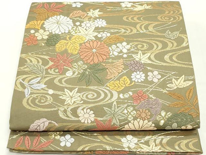 平和屋着物●六通柄袋帯 唐織 流水草花文 金糸 正絹 逸品 DAAY0488ob