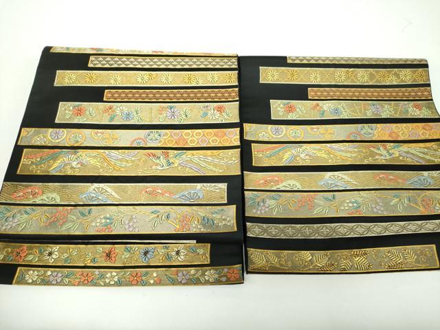 平和屋着物●西陣の名門 本家加納 つけ帯 横段舞蝶花鳥文 黒地 金糸 越後絣扱い 正絹 逸品 未使用 DAAY1028ps