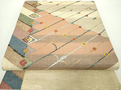 平和屋着物▽太鼓柄袋帯 スリーシーズン帯 春 夏 秋 瓦花文 金銀糸 正絹 逸品 DAAY1146ps