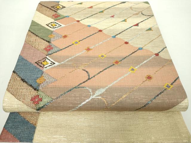 平和屋着物▽太鼓柄袋帯 スリーシーズン帯 春 夏 秋 瓦花文 金銀糸 正絹 逸品 DAAY1146ps