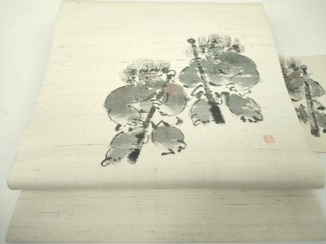 平和屋着物●九寸名古屋帯 作家物 紬地 手描き 赤鬼 青鬼 正絹 逸品 DAAY1180ps