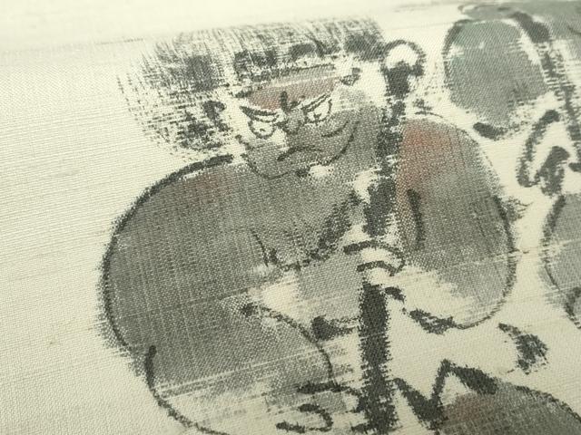平和屋着物●九寸名古屋帯 作家物 紬地 手描き 赤鬼 青鬼 正絹 逸品 DAAY1180ps