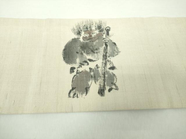 平和屋着物●九寸名古屋帯 作家物 紬地 手描き 赤鬼 青鬼 正絹 逸品 DAAY1180ps