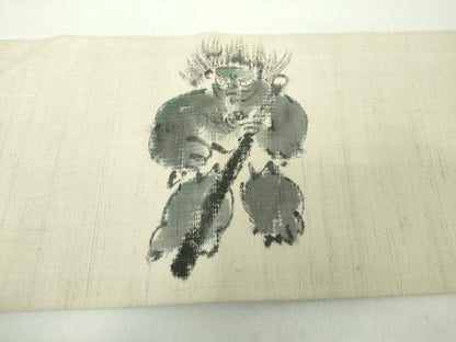 平和屋着物●九寸名古屋帯 作家物 紬地 手描き 赤鬼 青鬼 正絹 逸品 DAAY1180ps