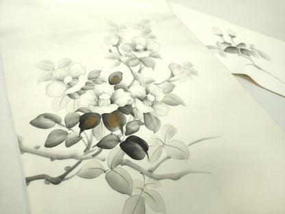 平和屋着物●塩瀬　九寸名古屋帯　作家物　手描き　枝椿　金彩　正絹　逸品　DAAY1182ps