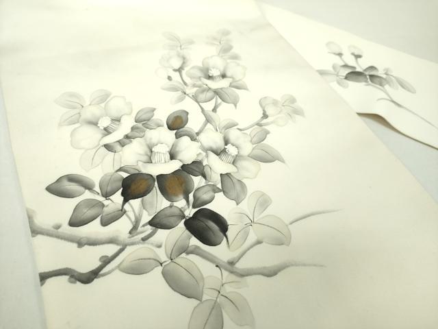 平和屋着物●塩瀬　九寸名古屋帯　作家物　手描き　枝椿　金彩　正絹　逸品　DAAY1182ps