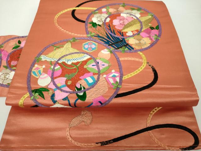平和屋着物●アンティーク　大正ロマン　九寸名古屋帯　駒刺繍　総刺繍　鏡裏花文　宝尽くし　金糸　正絹　逸品　DAAY1189ps