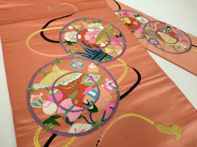 平和屋着物●アンティーク　大正ロマン　九寸名古屋帯　駒刺繍　総刺繍　鏡裏花文　宝尽くし　金糸　正絹　逸品　DAAY1189ps