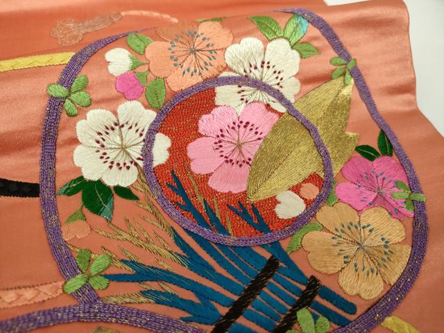 平和屋着物●アンティーク　大正ロマン　九寸名古屋帯　駒刺繍　総刺繍　鏡裏花文　宝尽くし　金糸　正絹　逸品　DAAY1189ps