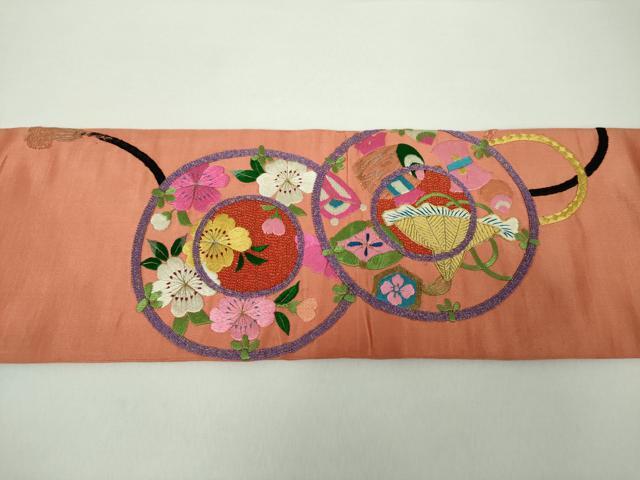 平和屋着物●アンティーク　大正ロマン　九寸名古屋帯　駒刺繍　総刺繍　鏡裏花文　宝尽くし　金糸　正絹　逸品　DAAY1189ps