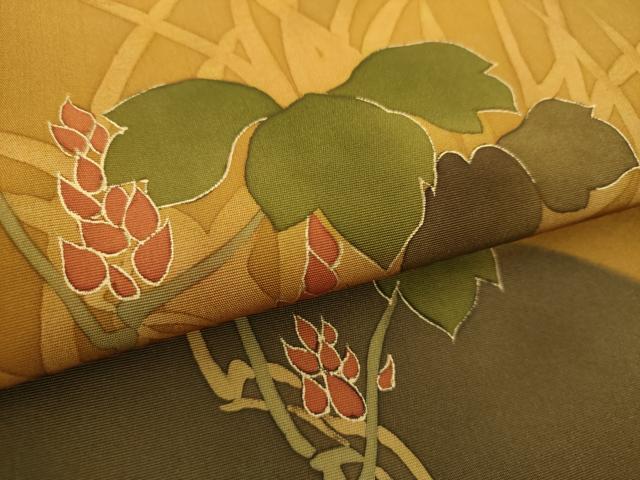 平和屋着物●塩瀬　九寸開き名古屋帯　手描き　草花文　シルエット　金彩　正絹　逸品　DAAY1213ps