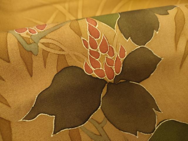 平和屋着物●塩瀬　九寸開き名古屋帯　手描き　草花文　シルエット　金彩　正絹　逸品　DAAY1213ps