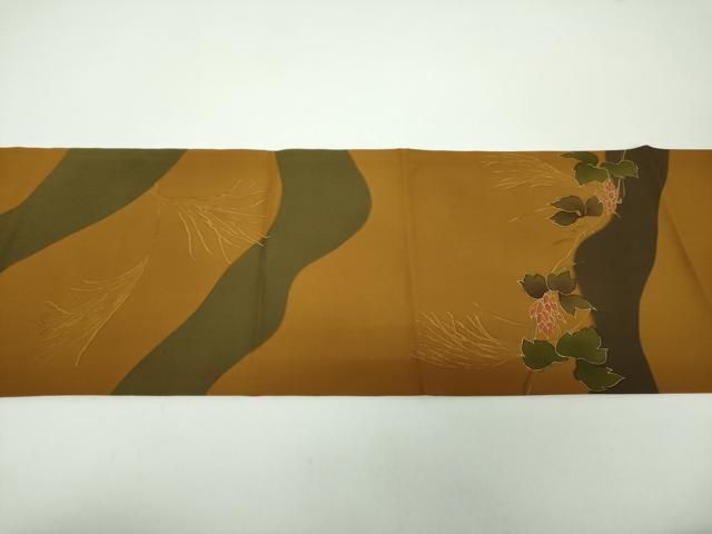 平和屋着物●塩瀬　九寸開き名古屋帯　手描き　草花文　シルエット　金彩　正絹　逸品　DAAY1213ps