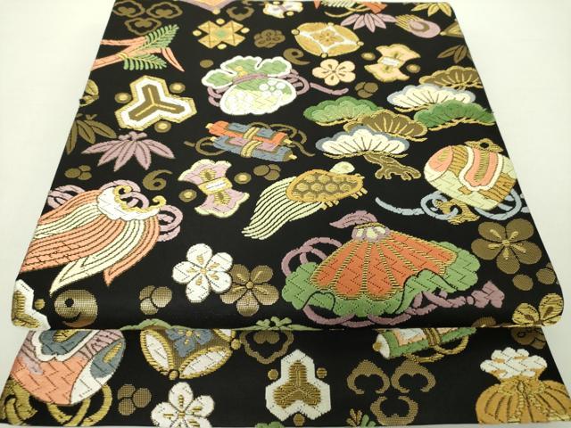 平和屋着物●六通柄袋帯 唐織 吉祥宝尽し文 黒地 金糸 正絹 逸品 DAAY1237ps