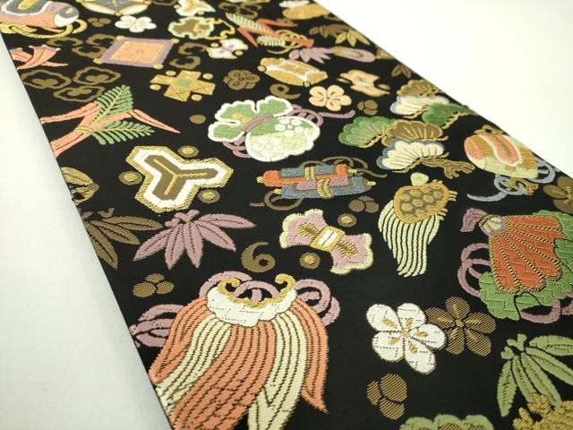 平和屋着物●六通柄袋帯 唐織 吉祥宝尽し文 黒地 金糸 正絹 逸品 DAAY1237ps