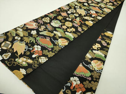 平和屋着物●六通柄袋帯 唐織 吉祥宝尽し文 黒地 金糸 正絹 逸品 DAAY1237ps