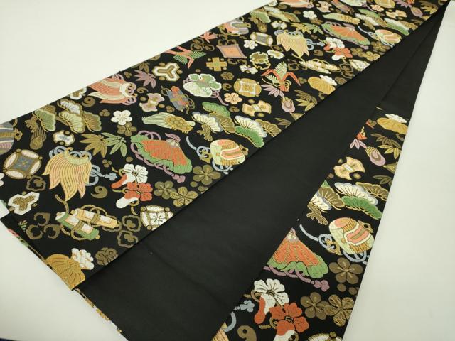 平和屋着物●六通柄袋帯 唐織 吉祥宝尽し文 黒地 金糸 正絹 逸品 DAAY1237ps