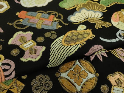 平和屋着物●六通柄袋帯 唐織 吉祥宝尽し文 黒地 金糸 正絹 逸品 DAAY1237ps