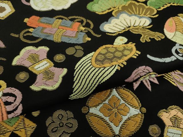 平和屋着物●六通柄袋帯 唐織 吉祥宝尽し文 黒地 金糸 正絹 逸品 DAAY1237ps