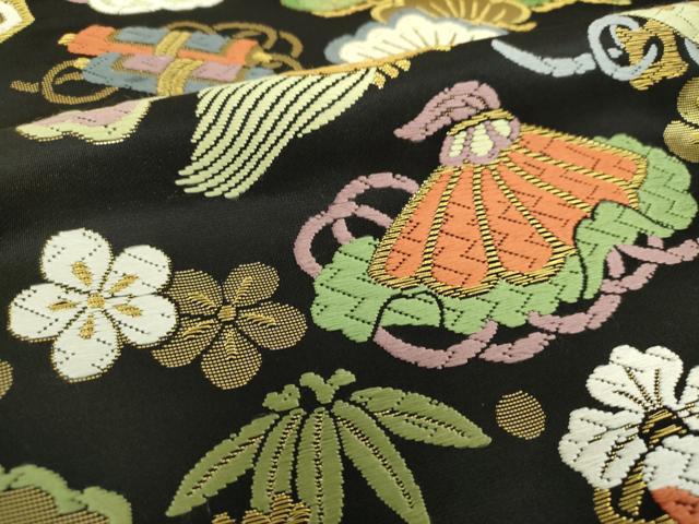 平和屋着物●六通柄袋帯 唐織 吉祥宝尽し文 黒地 金糸 正絹 逸品 DAAY1237ps