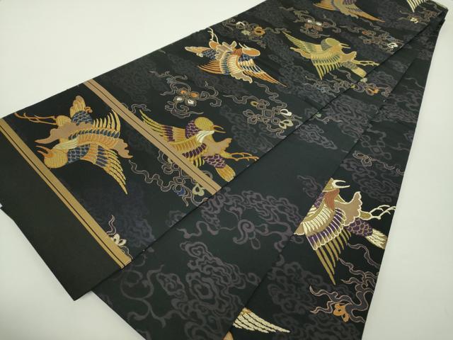 平和屋着物●アンティーク 大正ロマン 丸帯 引き抜き帯 唐織 花鳥文 黒地 金糸 正絹 逸品 DAAY1258ps