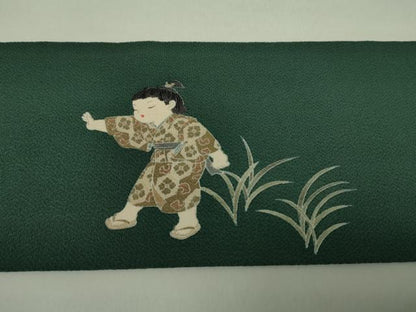 平和屋着物●十日町友禅作家　関口遼一　九寸名古屋帯　童子遊び　犬　鬼しぼ縮緬　正絹　逸品　未使用　DAAY1287ps