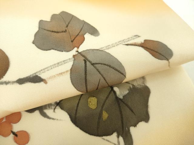 平和屋着物●塩瀬　九寸名古屋帯　作家物　手描き　葡萄蔦の葉文　金彩　正絹　逸品　DAAY1299ps