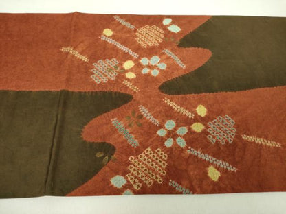 平和屋着物●太鼓柄袋帯　紬地　絞り　草花文　金彩　正絹　逸品　DAAY1328ps