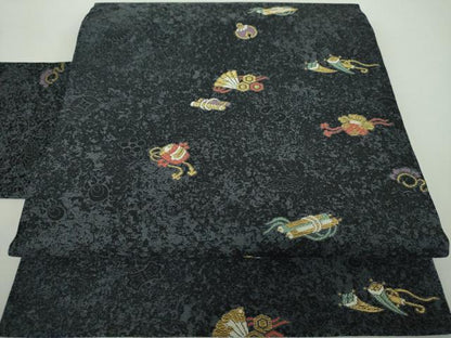 平和屋着物●九寸名古屋帯 宝尽くし 黒地 金糸 正絹 逸品 未使用 DAAY1371ps