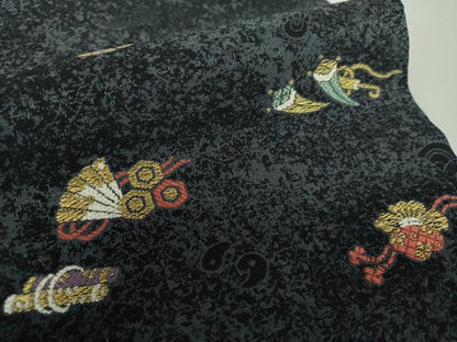 平和屋着物●九寸名古屋帯 宝尽くし 黒地 金糸 正絹 逸品 未使用 DAAY1371ps