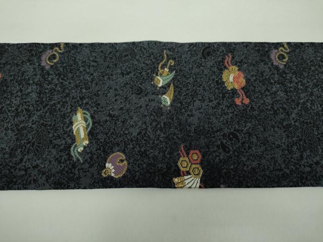 平和屋着物●九寸名古屋帯 宝尽くし 黒地 金糸 正絹 逸品 未使用 DAAY1371ps