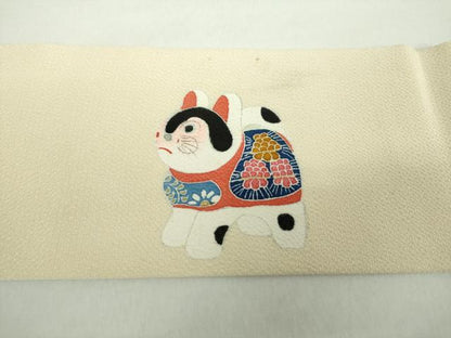 平和屋着物●九寸名古屋帯　玩具文様　犬張子　金彩　鬼しぼ縮緬　正絹　逸品　DAAY1379ps