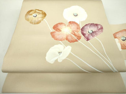 平和屋着物●塩瀬　九寸名古屋帯　作家物　手描き　草花文　正絹　逸品　DAAY1380ps