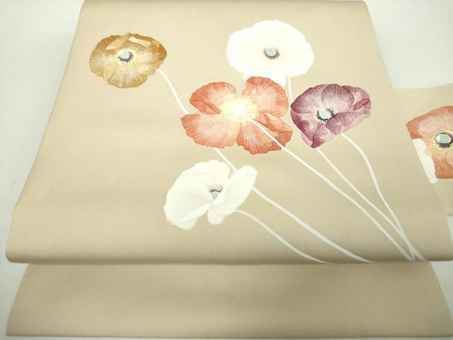 平和屋着物●塩瀬　九寸名古屋帯　作家物　手描き　草花文　正絹　逸品　DAAY1380ps