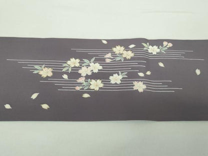 平和屋着物●東京手描友禅　加納知之　塩瀬　九寸名古屋帯　駒刺繍　舞桜　金彩　半色　正絹　逸品　DAAY1392ps