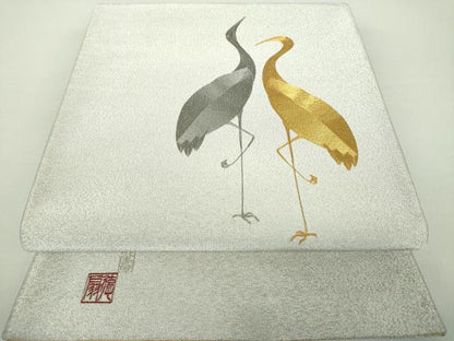 平和屋着物●極上 国際的伝統工芸作家 十二代・藤林徳扇 苑寿 綴れ 両面 太鼓柄袋帯 立鶴 金銀糸 正絹 逸品 DAAY1543ps