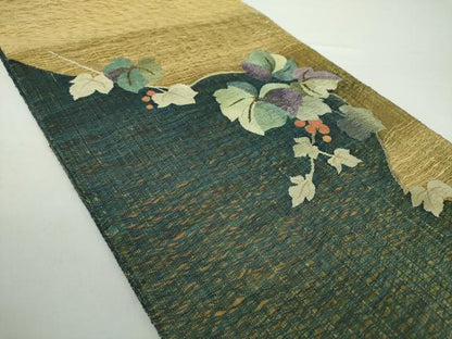 平和屋着物▽太鼓柄袋帯 スリーシーズン帯 春 夏 秋 すくい織 葡萄蔦の葉文 金糸 正絹 逸品 未使用 DAAY1544ps