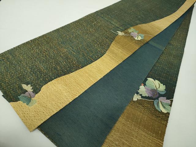 平和屋着物▽太鼓柄袋帯 スリーシーズン帯 春 夏 秋 すくい織 葡萄蔦の葉文 金糸 正絹 逸品 未使用 DAAY1544ps