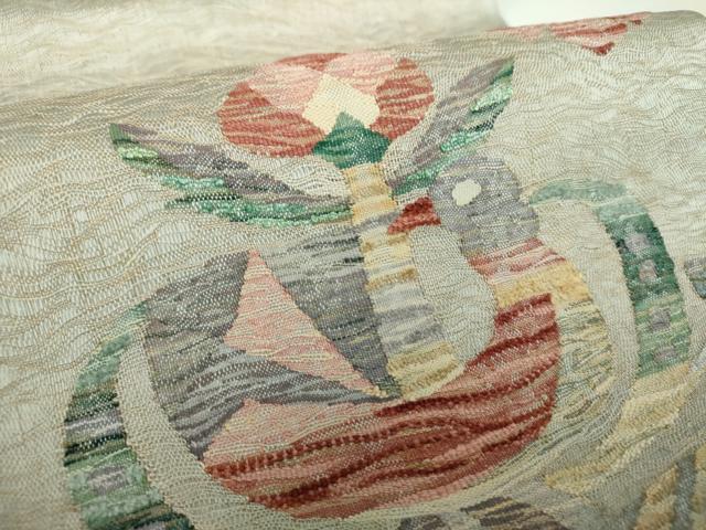 平和屋着物▽太鼓柄袋帯 スリーシーズン帯 春 夏 秋 すくい織 花鳥文 金糸 正絹 逸品 DAAY1551ps