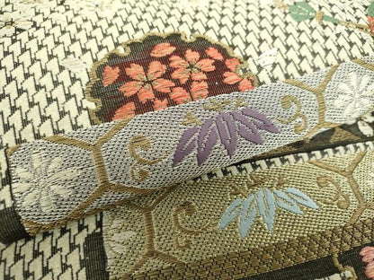 平和屋着物▽両面 六通柄袋帯 スリーシーズン帯 春 夏 秋 唐織 雪輪花文 櫛 簪 金銀糸 正絹 逸品 未使用 DAAY1559ps