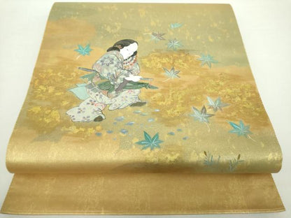 平和屋着物●太鼓柄袋帯 作家物 手描き 人物文 本金箔 金泥箔 正絹 逸品 DAAY1588ps