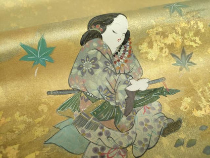 平和屋着物●太鼓柄袋帯 作家物 手描き 人物文 本金箔 金泥箔 正絹 逸品 DAAY1588ps