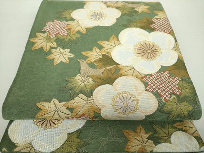 平和屋着物●六通柄袋帯 梅楓鳥文 金糸 正絹 逸品 DAAY1596ps