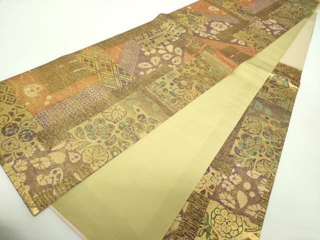 平和屋着物●六通柄袋帯　紬地　絞り　切嵌花文　金彩　正絹　逸品　DAAY1613ps